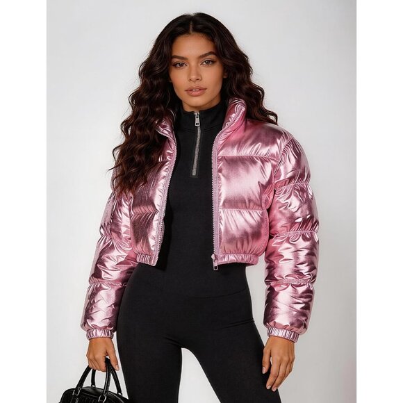 Women's Pink Polyester Metallic Shinny Cropped Zip Up Quilted Puffer Jacket - Picture 2 of 6